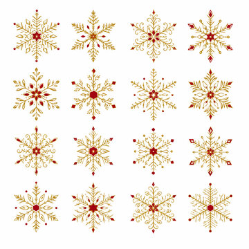 Exquisite Golden Snowflake Arrangements with Crimson Accents Festive Winter Elements for Holiday Designs Celebratory Christmas Ornaments Elegant Snowfall Graphics and Seasonal Decorative Motifs. chris