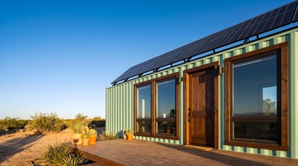 Fototapeta premium Modern sustainable shipping container home with solar panels in desert.