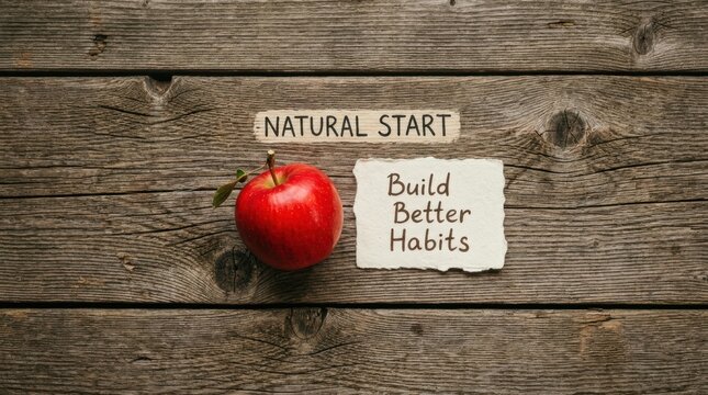 Fresh red apple resting on rustic wooden boards next to a paper note that says build better habits and natural start, showcasing healthy lifestyle choices and daily goal setting for wellness now here.