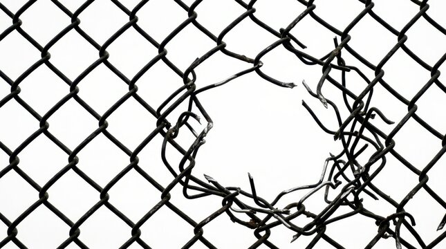 Broken metal chain link fence featuring a large central hole. This damaged wire mesh barrier symbolizes a security breach and provides a symbolic path for freedom or escape from restricted locations.