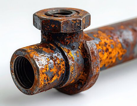 Close-up of heavily rusted metal pipe fitting with threaded ends