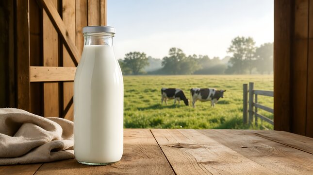 Glass bottle of fresh white milk on wooden table inside barn with cows grazing in background pasture, representing organic dairy farming, fresh farm milk, and sustainable agriculture product.
