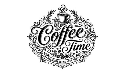 Obraz premium Coffee Time Vintage Typography Badge, Ornate Hand Lettering Label Design Vector