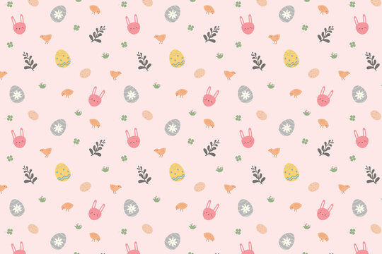 Cute easter seamless pattern featuring colorful bunnies eggs and leaves on a soft pink background