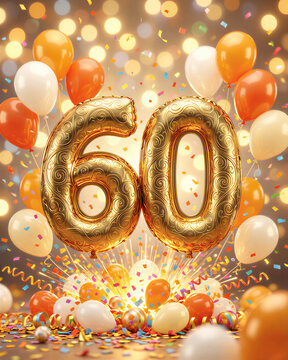 A vibrant birthday scene features gold balloons shaped like 60 surrounded by colorful balloons, confetti, and streamers on a warm brown background with bokeh lights.