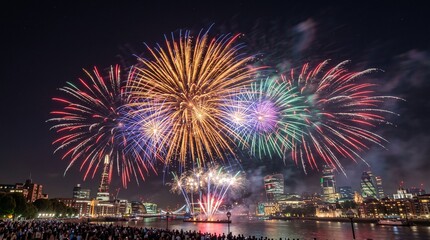 Naklejka premium Spectacular Fireworks Display Over London Skyline at Night with Crowd Watching