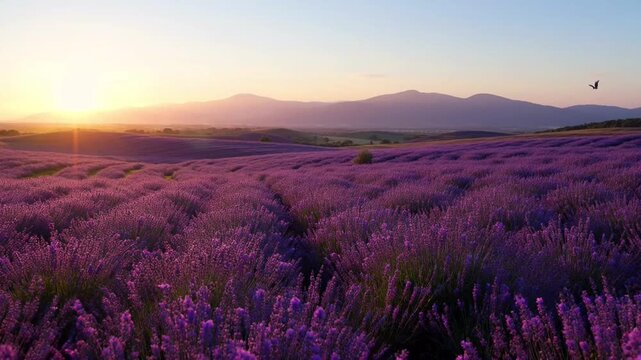 Lavender fields at sunset displaying golden light and birds flying across the vibrant purple horizon in smooth motion video footage