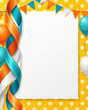Vibrant birthday illustration with colorful ribbons, balloons, and bunting on a yellow polka dot background, perfect for celebrations.