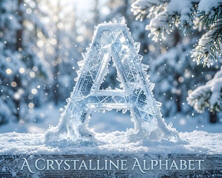 Crystalline Alphabet Letter A Ice Sculpture in Snowy Winter Landscape