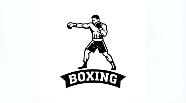 Vintage style black and white illustration of a professional boxer throwing a punch with a banner