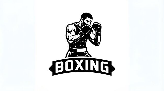 Black and white vector illustration of a professional boxer in a fighting stance with bold boxing text