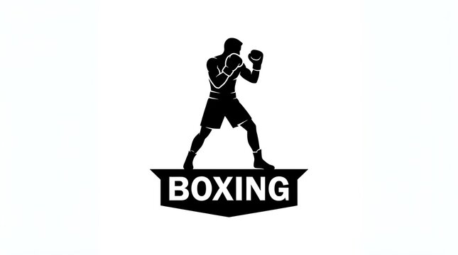 Minimalist black and white graphic illustration of a professional boxer standing in a fighting stance with text