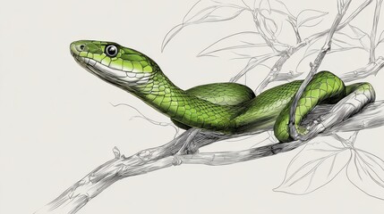 Fototapeta premium Realistic Illustration of a Green Snake on a Branch in Nature