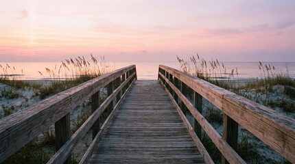 Obraz premium Wooden boardwalk leading to calm ocean during sunset