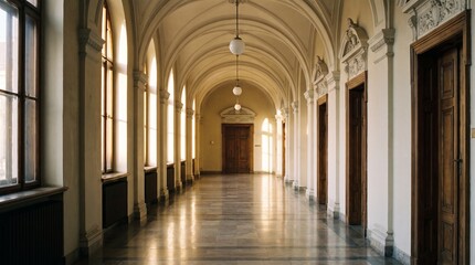 Naklejka premium Elegant Classical Hallway with Arched Ceilings and Natural Light