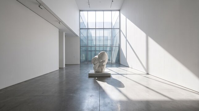 Modern white sculpture displayed in a bright minimalist art gallery space