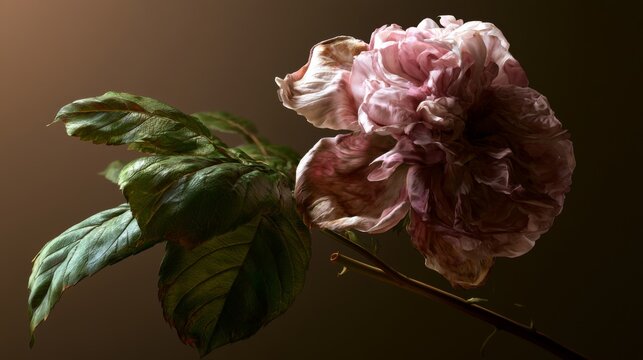 Elegant withered flower resting on a delicate green leaf, showcasing the beauty of decay and the passage of time in nature's design.