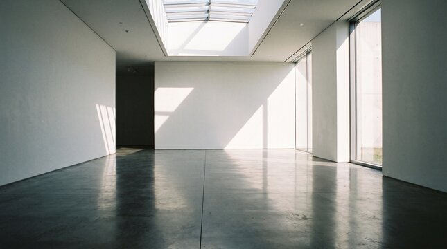 Modern minimalist empty room with sunlight through skylight and large windows