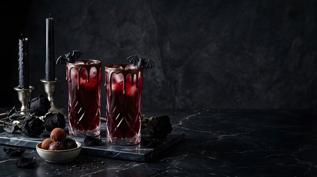 Gothic Halloween red cocktail with bat decor and black roses on dark background