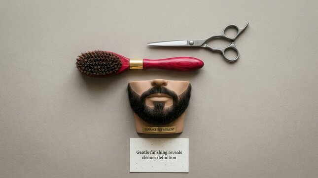 Professional barber grooming tools including sharp steel scissors a wooden hairbrush and a bearded mannequin head on a neutral surface representing high quality male styling and salon precision ideas.
