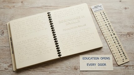 Naklejka premium Comprehensive Braille foundation skills book alongside tactile alphabet strip plus educational card on wooden background for visually impaired students learning to read and write with tactile