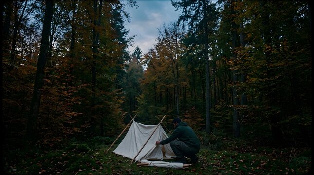 Man setting up a tent in the forest during autumn at twilight