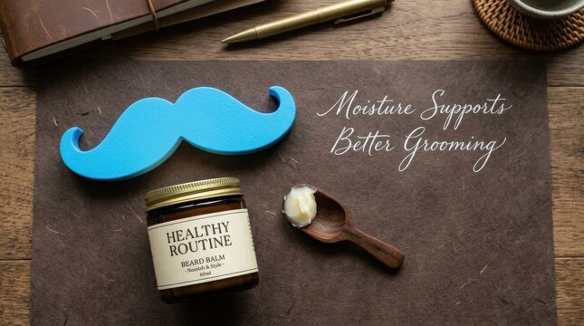 Premium beard balm jar sits on a dark brown desk with a blue mustache cutout and wooden spoon, showcasing high quality mens grooming products for professional skincare branding and barber marketing to