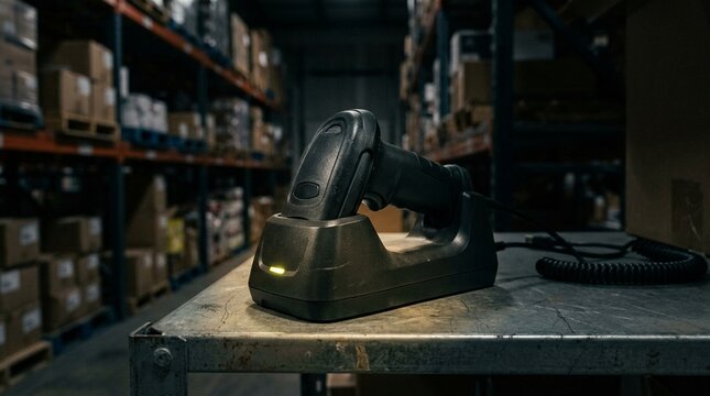 Barcode scanner charging base with a soft glow in a dim warehouse aisle