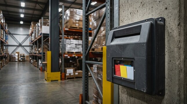 Kanban card collection box mounted beside a warehouse aisle entrance