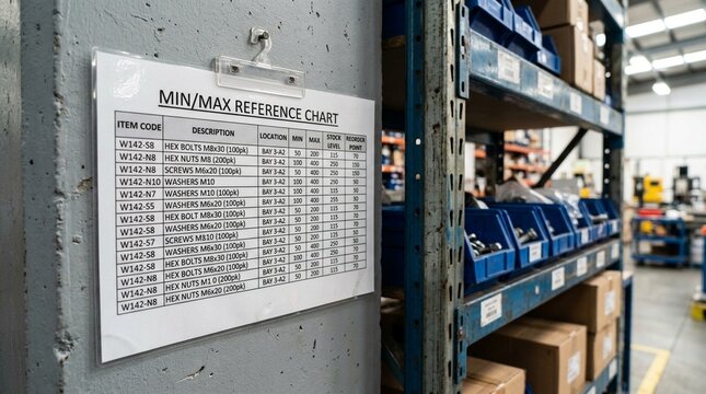Wall-mounted min max reference chart laminated and clipped beside a storage rack