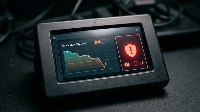 Reorder point trigger dashboard showing a red alert beside a stock quantity chart