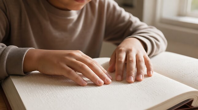 Close-up of visually impaired child fingers reading braille text on open book page, symbolizing inclusive accessible education, braille literacy, and special needs learning support.