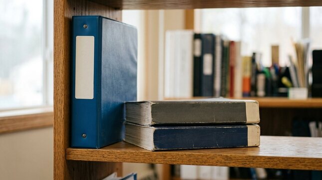 Stock replenishment office reference binder shelved beside stacked threshold manuals detail shot