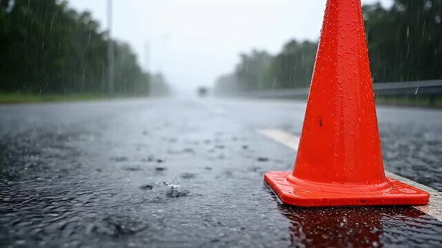 Orange traffic cone on wet asphalt during rain storm.