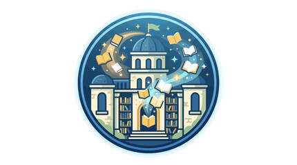 Fototapeta premium Stylized illustration of a grand library or university building with a domed roof, glowing books flying out, under a crescent moon and stars, within a circular emblem.