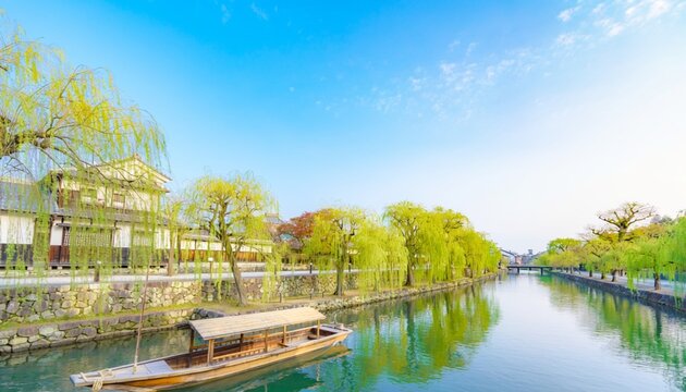 滋賀県近江八幡の八幡堀と新緑の柳並木
