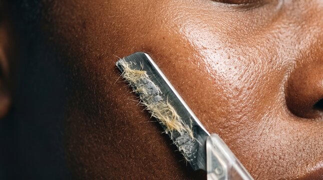 Close up of dermaplaning razor removing facial hair on dark skin