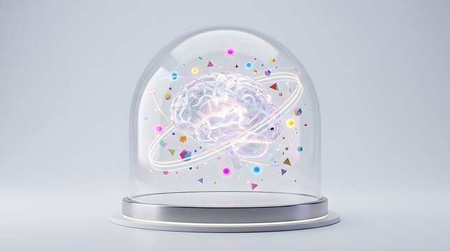 Digital brain inside protective glass dome with floating geometric shapes and colorful light rings symbolising advanced artificial intelligence and mental cognition.