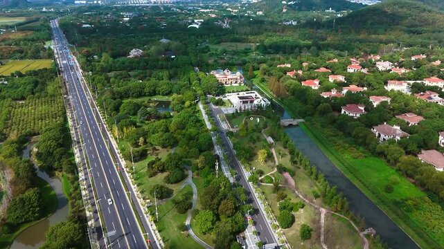 Aerial View of Highway, Canal and Residential Villas Near Sheshan