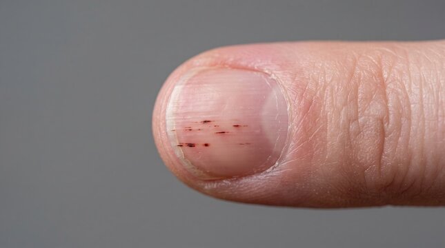 Side view close up of splinter hemorrhages lines in human fingernail