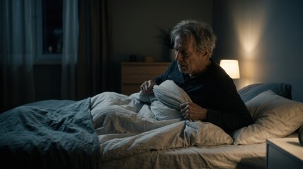 Fototapeta premium Elderly Man Troubled By Sleep In Dim Bedroom At Night
