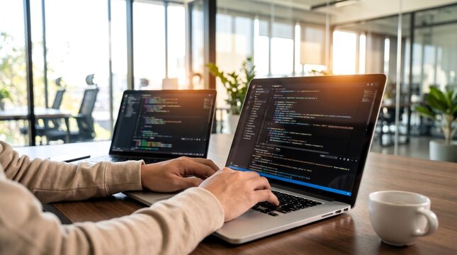 Software developer working on multiple digital laptop screens with colorful syntax highlighting code in a bright and modern corporate workspace