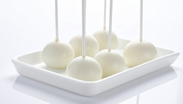 White cake pops arranged in a white rectangular dish on a white background