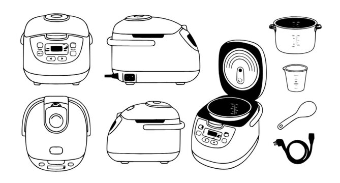 Modern rice cooker vector illustration set featuring electric rice cooker in front, side, top, and open-lid views with removable inner pot, steam vent, control panel, measuring cup, rice paddle, and p