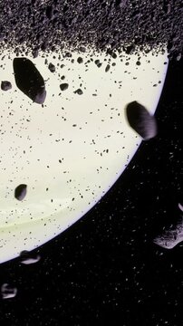 A mesmerizing view of asteroids swirling gracefully around a massive, luminous planet. The vastness of space is filled with mystery, captured in a moment of cosmic beauty.