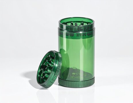Translucent green cylindrical container with a detachable grinding lid