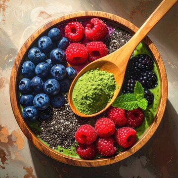 Vibrant fruit and seed bowl with a spoonful of green powder