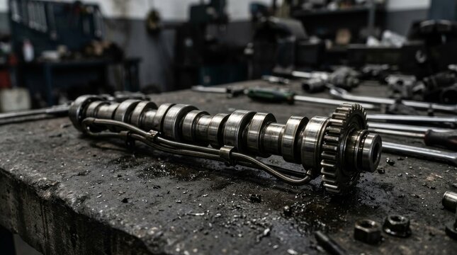 Automotive Engine Camshaft Lying on a Dirty Mechanic Workshop Workbench.