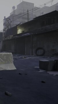 In the early light of dawn, an abandoned street scene unfolds. Dilapidated buildings frame the quiet space where discarded objects lay.