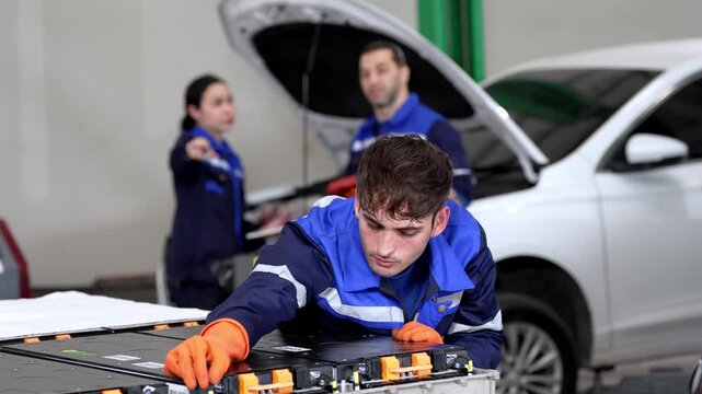 Mechanic vehicle repair battery glove workshop car technician electric maintenance service garage with open hood handling high voltage module safely in uniform